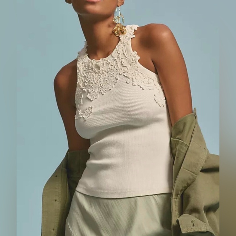 NWT Caroline Constas Romantic Lace Tank Top Size M White Ribbed High Neck